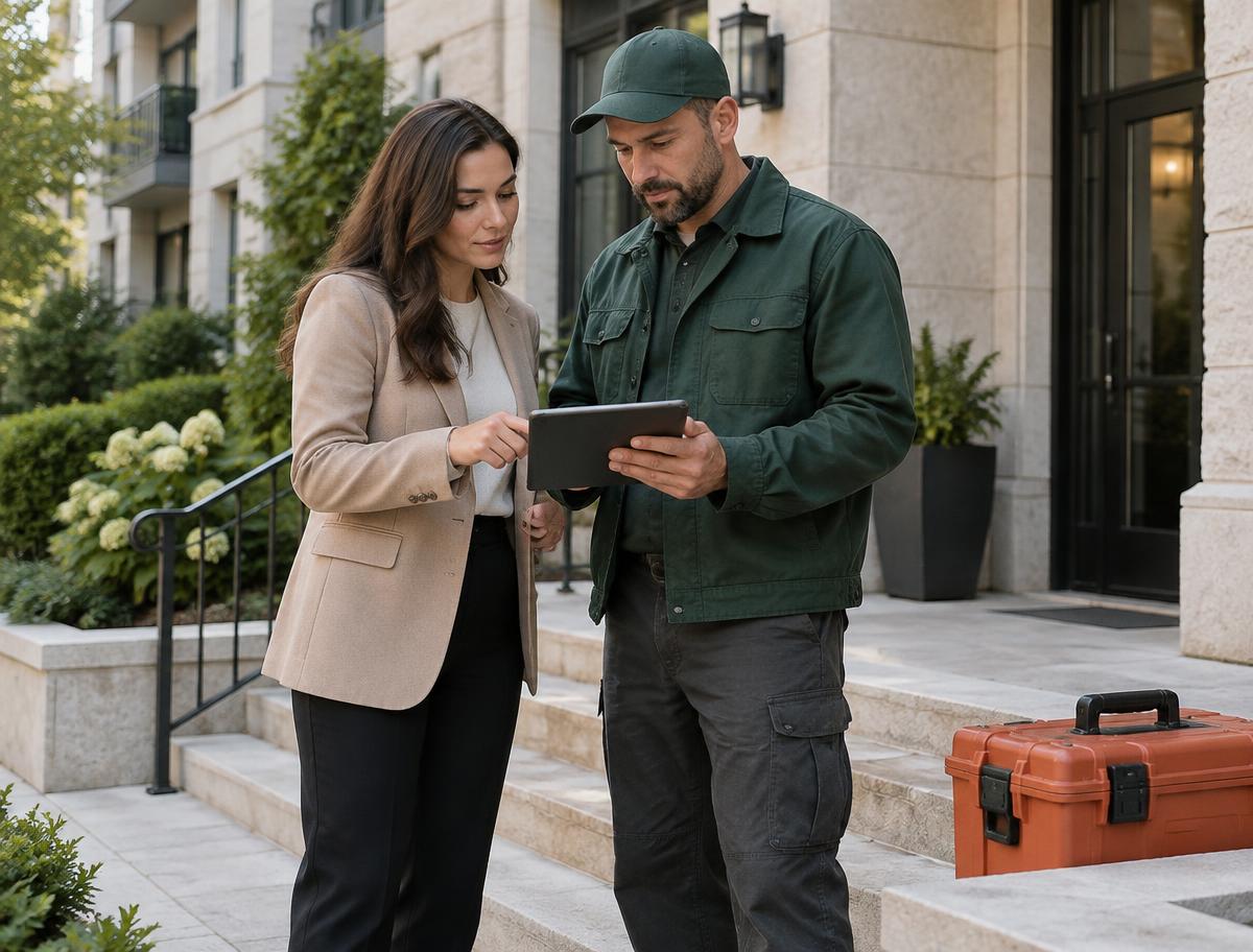 Property manager and technician coordinating a repair handoff